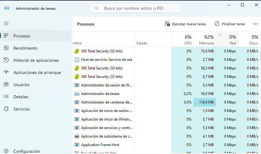 Administrador de tareas de Windows abriéndose directamente en primer plano