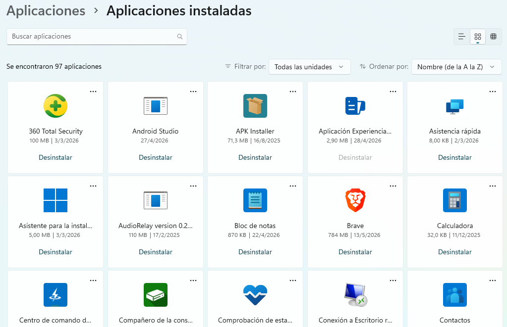Lista de aplicaciones de Windows ordenadas por tamaño de mayor a menor