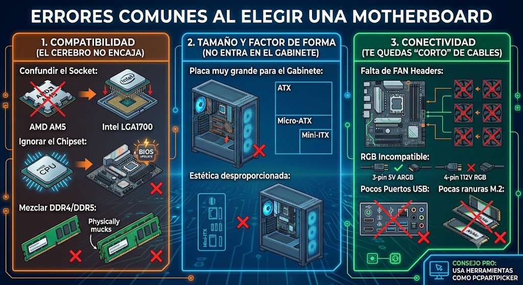 Errores frecuentes al elegir una motherboard relacionados con compatibilidad tamaño y conectividad