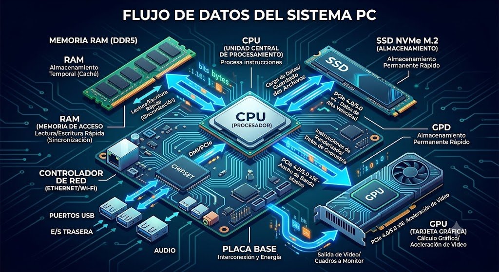 Esquema del funcionamiento de una motherboard mostrando el flujo de datos entre procesador, memoria RAM, SSD y placa de video