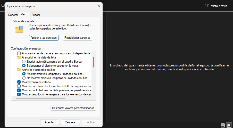 Ventana de Opciones de carpeta en Windows mostrando la configuración de la pestaña Ver