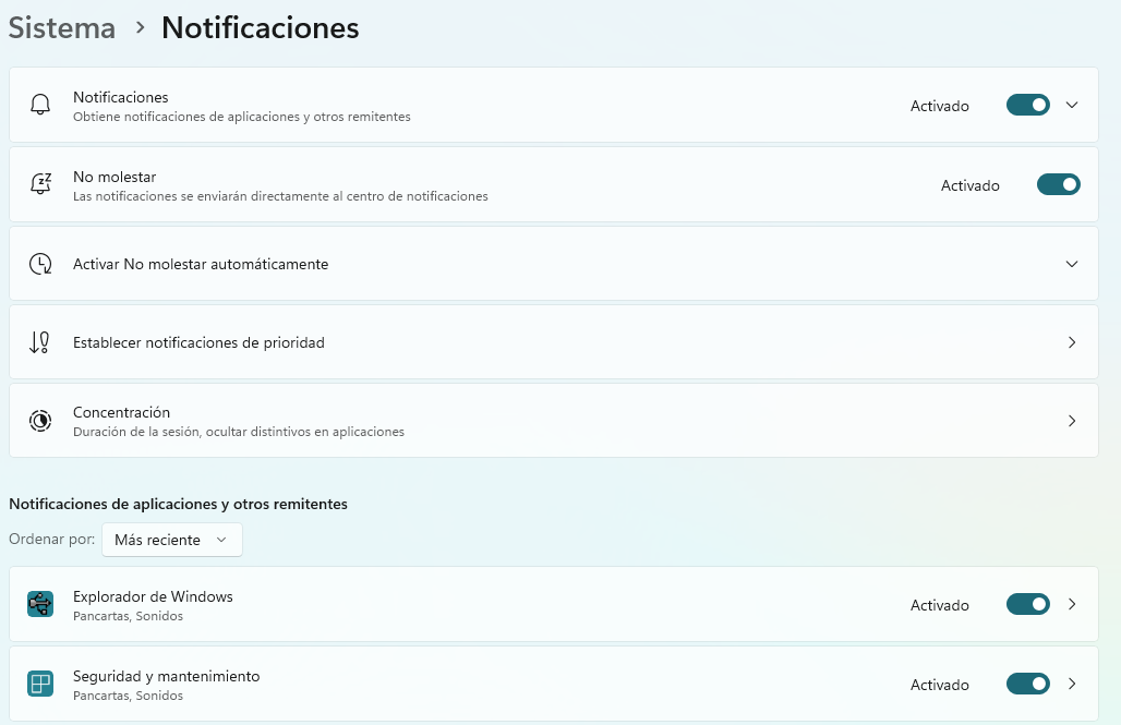 Panel de configuración de notificaciones en Windows desactivando avisos innecesarios