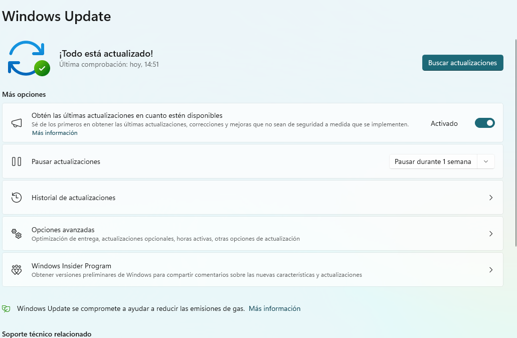 Pantalla de Windows Update mostrando el botón de Buscar actualizaciones